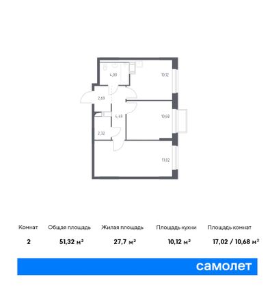 51,3 м², 2-комн. квартира, 15/17 этаж