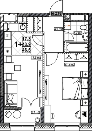 Продажа 1-комнатной квартиры 46,6 м², 12/24 этаж