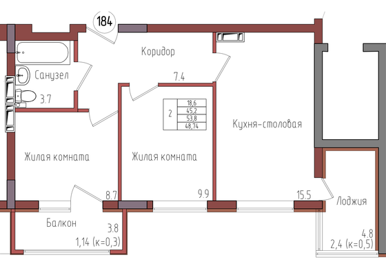 48,7 м², 2-комн. квартира, 6/9 этаж