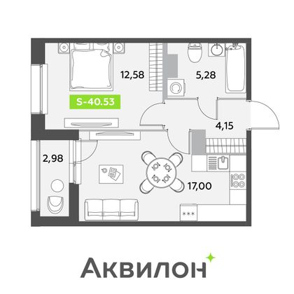 40,5 м², 1-комн. квартира, 2/12 этаж