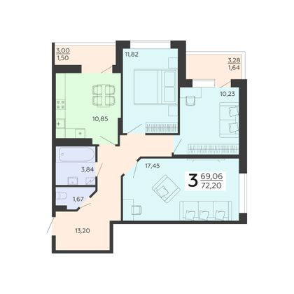 Продажа 3-комнатной квартиры 72,2 м², 17/18 этаж