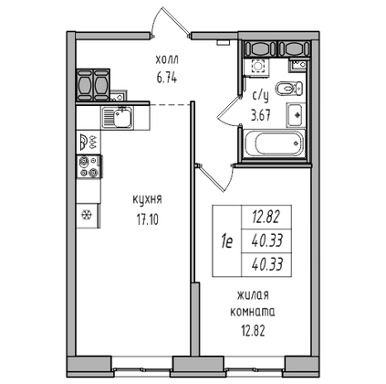 39,7 м², 1-комн. квартира, 21/27 этаж