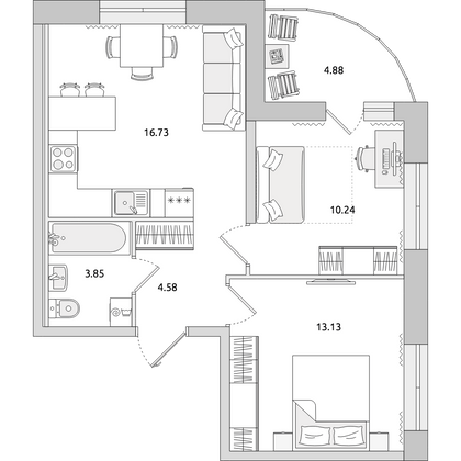 Продажа 2-комнатной квартиры 53,4 м², 3/15 этаж