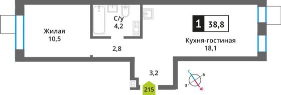 Продажа 1-комнатной квартиры 38,8 м², 6/6 этаж