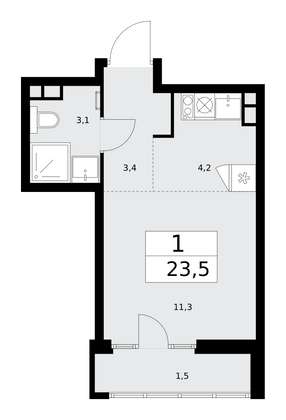 23,5 м², 1-комн. квартира, 9/15 этаж