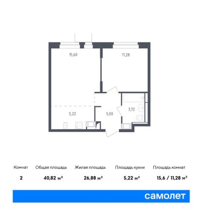 40,8 м², 1-комн. квартира, 12/12 этаж