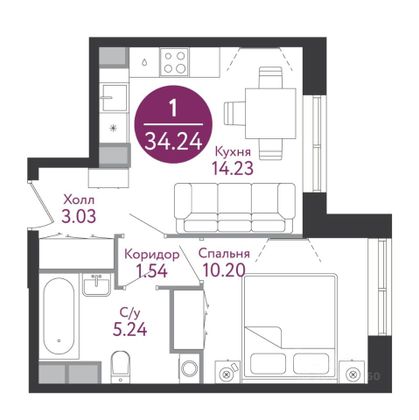 Продажа 2-комнатной квартиры 35 м², 6/14 этаж