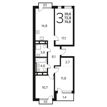 74,8 м², 3-комн. квартира, 12/12 этаж