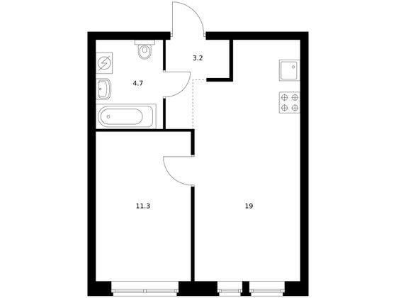 38,6 м², 1-комн. квартира, 26/32 этаж