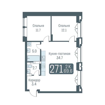 69,6 м², 3-комн. квартира, 2/24 этаж