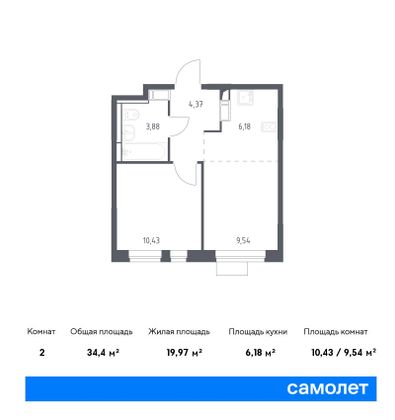 34,4 м², 2-комн. квартира, 6/12 этаж