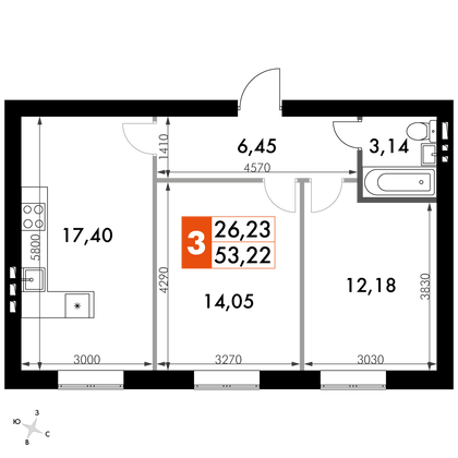 53,2 м², 2-комн. квартира, 3/4 этаж