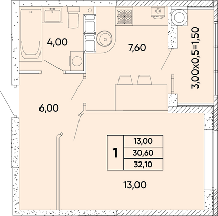 32,1 м², 1-комн. квартира, 6/9 этаж