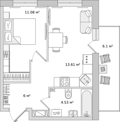 41,3 м², 1-комн. квартира, 2/22 этаж