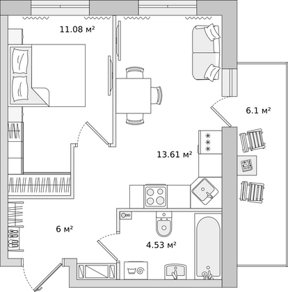 41,3 м², 1-комн. квартира, 22/22 этаж