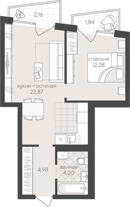 48,3 м², 1-комн. квартира, 2/4 этаж