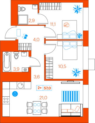 57 м², 2-комн. квартира, 8/21 этаж