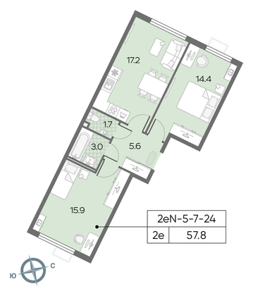 57,8 м², 2-комн. квартира, 24/24 этаж