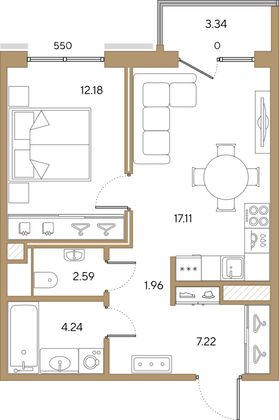 45,3 м², 1-комн. квартира, 7/9 этаж