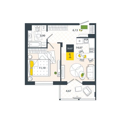 Продажа 1-комнатной квартиры 39,9 м², 1/8 этаж