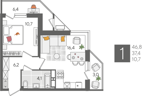 Продажа 1-комнатной квартиры 46,8 м², 20/24 этаж