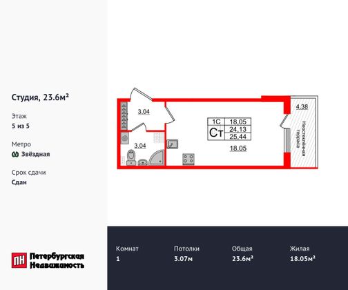 Продажа квартиры-студии 23,6 м², 5/5 этаж