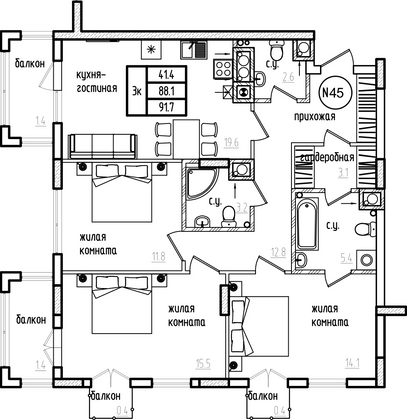 101,5 м², 3-комн. квартира, 5/9 этаж