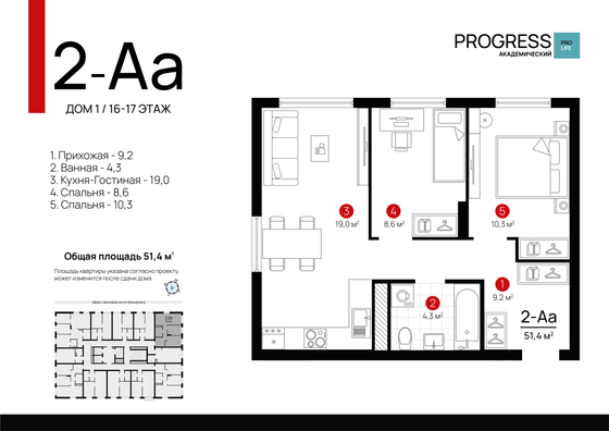 51,4 м², 2-комн. квартира, 17/22 этаж