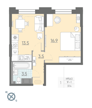 Продажа 1-комнатной квартиры 37,4 м², 3/18 этаж