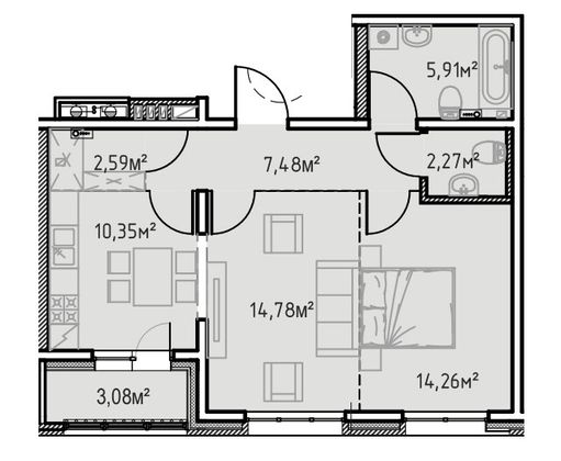 60,7 м², 2-комн. квартира, 1/13 этаж