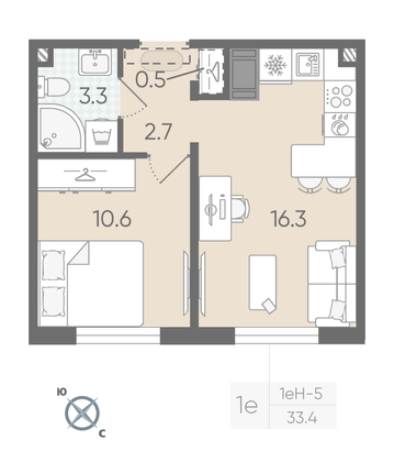 Продажа 1-комнатной квартиры 33,4 м², 9/22 этаж