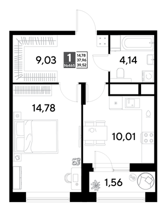 Продажа 1-комнатной квартиры 39,5 м², 13/25 этаж