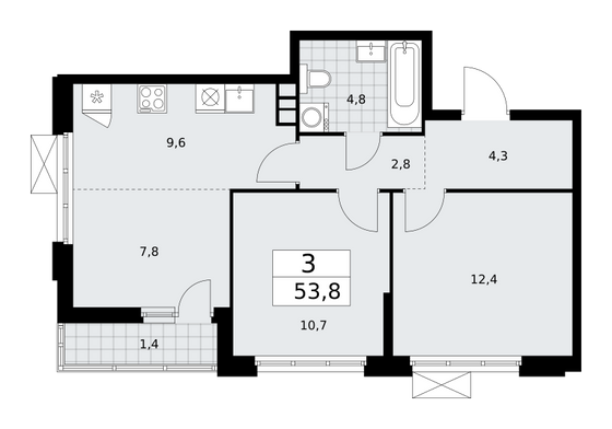 53,8 м², 3-комн. квартира, 8/18 этаж