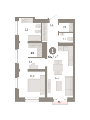 56,3 м², 1-комн. квартира, 28/31 этаж