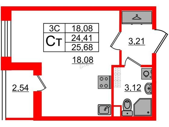 Продажа квартиры-студии 24,4 м², 5/5 этаж