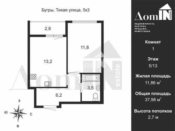Продажа 1-комнатной квартиры 38 м², 5/13 этаж