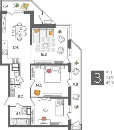 Продажа 3-комнатной квартиры 91,1 м², 20/24 этаж