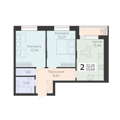 Продажа 2-комнатной квартиры 53,7 м², 2/10 этаж