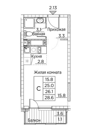 28,6 м², студия, 4/23 этаж