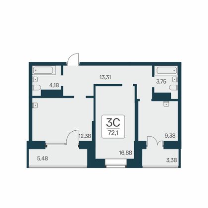 72,1 м², 3-комн. квартира, 24/25 этаж