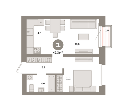 Продажа 1-комнатной квартиры 42,3 м², 13/24 этаж