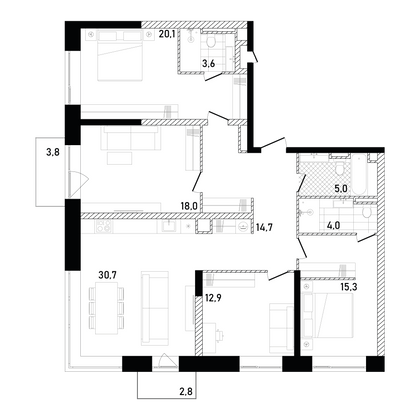 126,2 м², 4-комн. квартира, 15/26 этаж