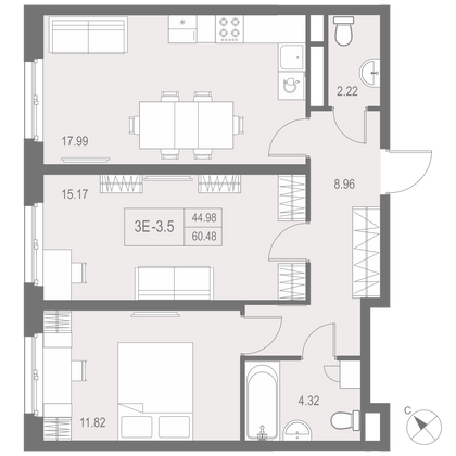 60,5 м², 2-комн. квартира, 14/17 этаж