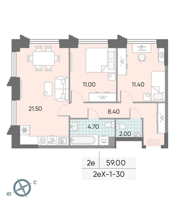 Продажа 2-комнатной квартиры 59 м², 30/58 этаж