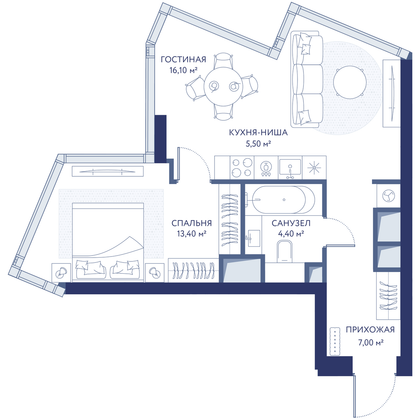 Продажа 1-комнатной квартиры 46,4 м², 3/34 этаж