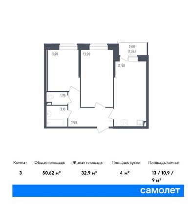 50,6 м², 2-комн. квартира, 2/23 этаж