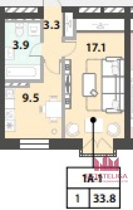 Продажа 1-комнатной квартиры 33,8 м², 29/29 этаж