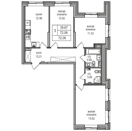 72,1 м², 3-комн. квартира, 1/27 этаж