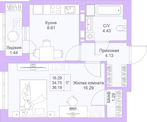 36,2 м², 1-комн. квартира, 21/25 этаж