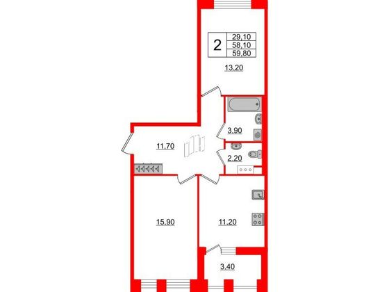 Продажа 2-комнатной квартиры 58,6 м², 10/10 этаж